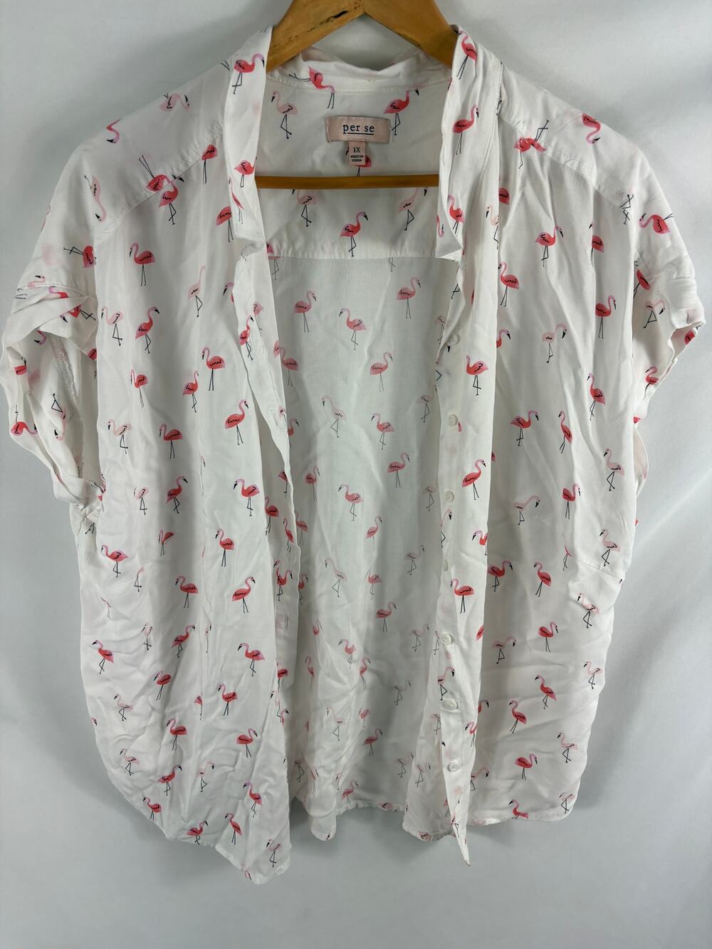 Per Se Flamingo Novelty Print Short Sleeve Button Up Shirt Size 1X